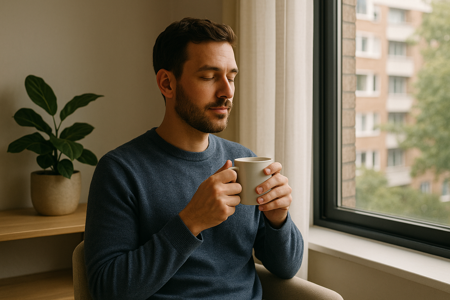 Calm reflection setting for a men's wellness article.