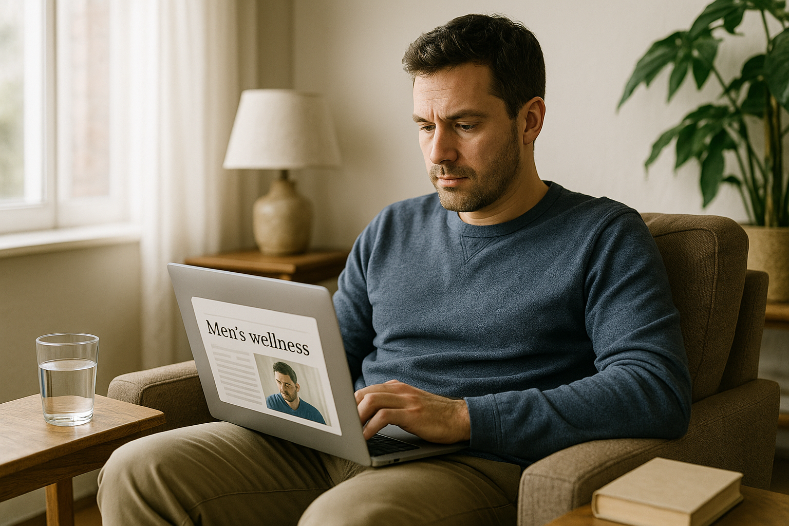 Discreet editorial setting for a men's wellness article.